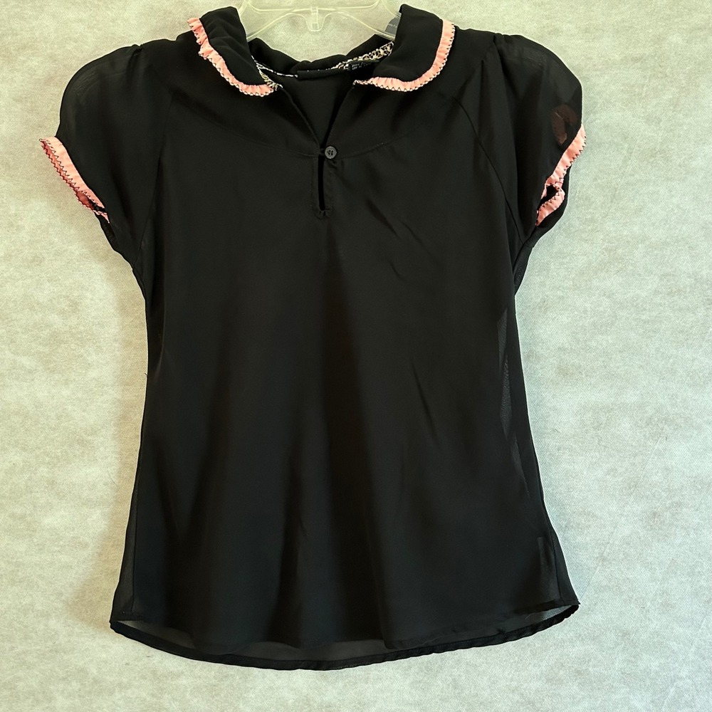 Mary-Kate and Ashley Girls Black Sheer Ruffle Blouse Pink Trim Size L 10/12 Y2K